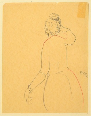 Zuschreibung: Emil Orlik, 1870-1932, Rückenansicht einer Frau, Bleistift und roter Farbstift, Papier gebäunt und rechts oben geklebter Riss, ...