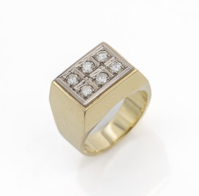 14 kt Gold Brillant-Ring, GG/WG 585/000, rechteckiger Ringkopf, 6 in WG gefasste Brillanten zus. ca. 0.75 ct feines Weiß-Weiß/ vs-si, RW 59, ca. ...