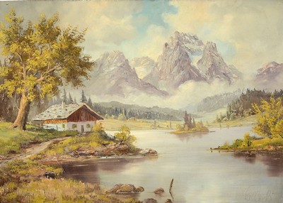 Benedikt Salbeck, Maler des 20. Jh., Gebirgslandschaft, Öl/Hartfaser, rechts unten signiert, ca. 50x70cm, R. ca. 62x82cm