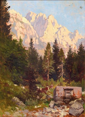 Georg Holub, 1841 Brünn-1919 Wien, Landschaft mit Kate und Kühen, im Hintergrund ein Gebirgsmassiv, Öl/Holz, links unten signiert, kleiner ...