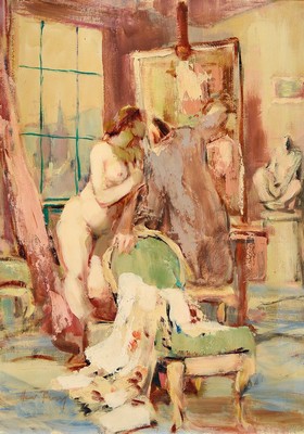 Hanns Fay, 1888 Frankenthal-1957 Neustadt a.d.Weinstraße, im Atelier des Malers, der Maler beim malen eines weiblichen Aktes auf einen Stuhl ...