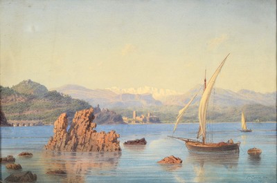 Joseph Contini, 1827 Mailand-1892 Cannes, Küstenlandschaft mit Fischerboot in einer Bucht, Aquarell auf Papier, feine detaillierte Ausführung, ...