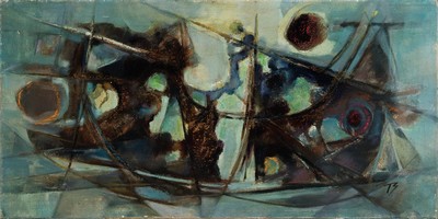 T. Schubert, datiert (19)63, Dipolare Spannung, rückseitig so betitelt und signiert, Öl/Lwd, rechts unten monogr. TS, ca. 50x100cm