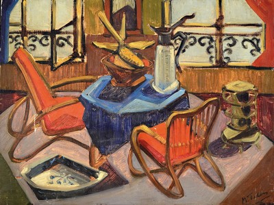 M. Teden, Maler*in der Mitte des 20. Jh., Interieur mit Sitzgruppe, Öl/Lwd, rest., rechts unten signiert, ca. 45x60cm, mehrere Löcher