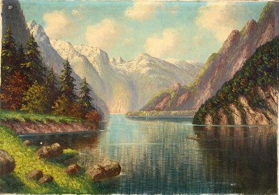 Bruno Lübtow, Leipziger Maler der 1. Hälfte des 20. Jh., Ansicht vom Königsee, Öl/Lwd, kleinere Farbfehlstellen, links unten signiert, ca. ...