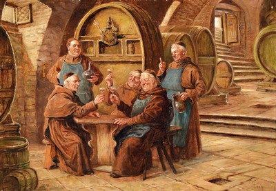 Stubner, Maler der 1. Hälfte des 20. Jh., 5 Mönche im Weinkeller, Öl/Malkarton, mit mehreren kleinen Farbschäden, rechts unten signiert, ca. ...