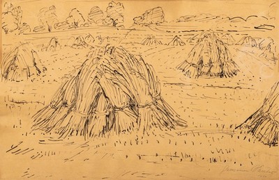 Hermann Sauter, 1891 Germersheim-1981 Landau, Getreidefeld nach der Ernte, Tuschezeichnung über Bleistift, rechts unten signiert und dat. 1954, ...