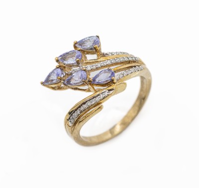 9 kt Gold Tansanit-Diamant-Ring, GG 375/000, 5 facett. Tansanittropfen zus. ca. 1.20 ct, 36 8/8-Diamanten zus. ca. 0.25 ct Weiß/si-p, RW 55, ca. ...