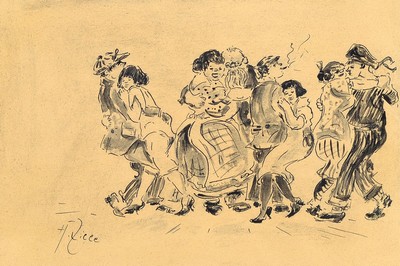 Zuschreibung: Heinrich Zille, 1858 Radeburg - 1929 Berlin, Tuschezeichnung, Figurengruppe beim ausgelassenen Tanz, 4 Pärchen in variantenreicher ...