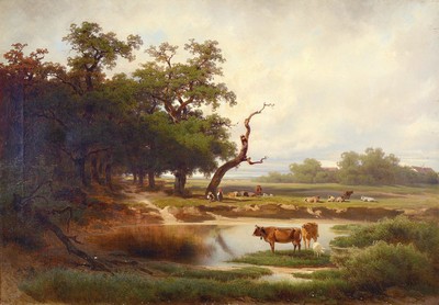 Melchior Fritsch, 1826 - 1889 Wien, Studium an der Akademie Wien, Flusslandschaft am Waldrand, Hirtenpaar mit Rinderherde, Wolken verhangener Himmel, ...