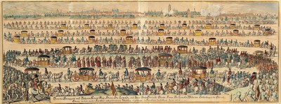 Caspar Merian (1627-1686): Feierlicher Einzug König Leopolds I. in Frankfurt zur Kaiserwahl 1658, Kupferstich von zwei Platten, aus Theatrum ...