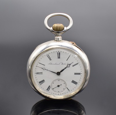 IWC offene Taschenuhr in 800er Silber, Schweiz um 1895, Geh. dell., guill. Rückdeckel m. Monogrammspiegel, Silbercuvette, Emailzifferbl. riss., ...