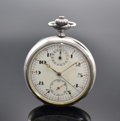 Offene Taschenuhr mit Schaltradchronograph in 800er Silber, Schweiz um 1915, Geh. dell., guill. Rückdeckel, Emailzifferbl. l. besch., arab. Zahlen, ...