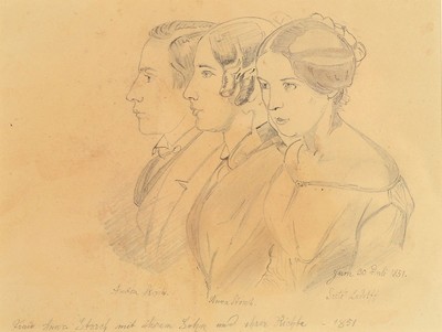 Friedrich Preller d. Ältere, 1804 Eisenach - 1878 Weimar, Bleistiftzeichnung bez. "Anton Storch, Anna Storch, Lute Ludolff, Frau Anna Storch ...