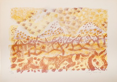 Eudard Bargheer, 1901 - 1979,, Farblitho vondrei Steinen auf Bütten, handsigniert und num.27/50, aus dem Mappenwerk "Sahara", aus 1967, ...