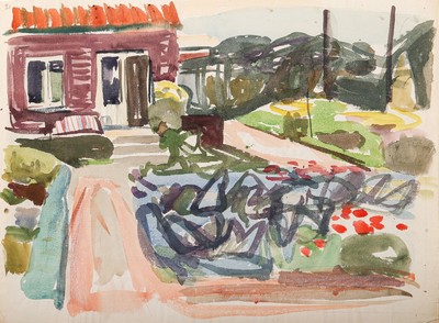 Erich Hartmann, 1886 - 1974, expressionistische Landschaft mit Haus und Garten, Aquarell/Ingres-Papier mit Wasserzeichen, rückseitig mit ...