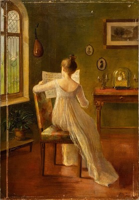 Ella Schulz (Hippler von Fischbach-Schulz), 1872 Karlsruhe-1966 Baden-Baden, Rückenansicht einer jungen Frau, ein Notenblatt lesend, ÖL/Lwd, rechts ...