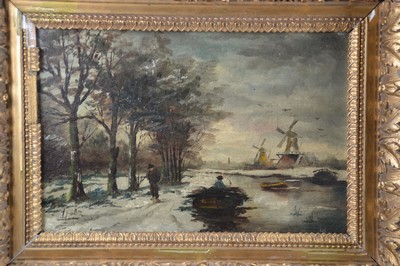 Kopie nach Louis Apol (1859-1936), um 1900/10 , holländische Winterlandschaft, von Windmühlen gesäumter Fluss, Figurenstaffage, Öl/Holz, li. u. ...