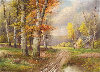 A. Bauer, Maler um 1910-20, Waldlandschaft mit Bauernhaus und Holzsammlerin, Öl/Lwd, links unten signiert, ca. 52x71cm, R. ca. 71x91cm, kl. ...