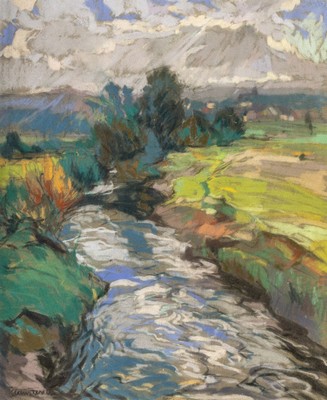 Klaus Fisel, deutscher Maler des 20. Jh., Eifel, Landschaft mit Bachlauf, Pastell auf Papier, links unten signiert, ca. 60x50cm, R