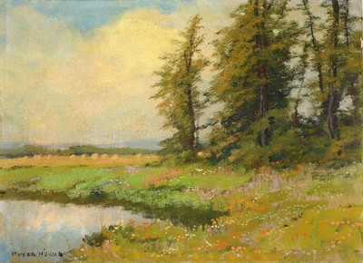 Unbekannter Künstler, deutsch, 1. Hälfte 20. Jh., Wiesenlandschaft mit Baumreihe und Teich, Öl/Lwd, links unten unleserlich signiert, ca. 48x65cm
