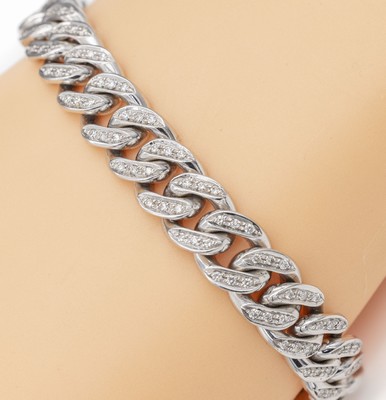 14 kt Gold Brillant-Armband, WG 585/000, 170 Brillanten zus. ca. 0.85 ct Weiß/si-p, L. ca. 19 cm, Kastenschloß mit 2 Sicherheitsachten, ca. 53.7 g