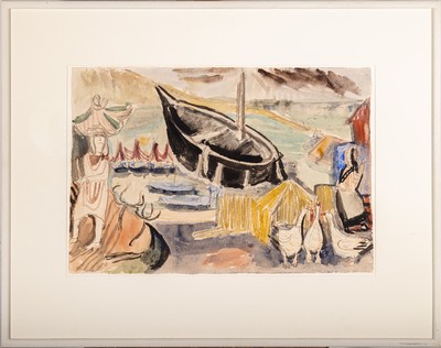 Charles Crodel, 1894 Marseille -1973 München, großformatiges, expressionistisches Aquarell südliche Hafenlandschaft mit Frau und Tieren,Papier, ...