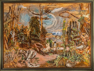 Charles Crodel, 1894 Marseille - 1973 München, großformatige, expressionistische üppige Waldlandschaft mit allegorischer Darstellung, mittig ...