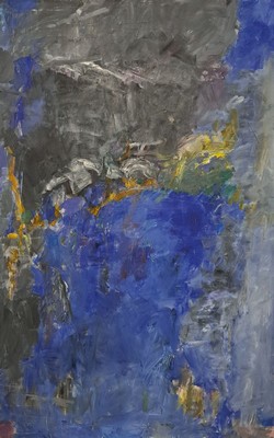 Hermann Bachmann, 1922 Halle/Saale - 1995 Karlsruhe, Südrussische Ostern"" große abstrakte Komposition in Blau und Grau, Acryl/Leinwand, ...