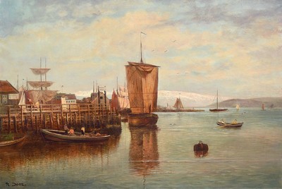 Robert Danz, 1841 Oberweißbach-1916 Bad Kreuznach, Studium an der Akademie Weimar, Hafenansicht mit Bergen im Hintergrund, Öl/Lwd, rest., links ...