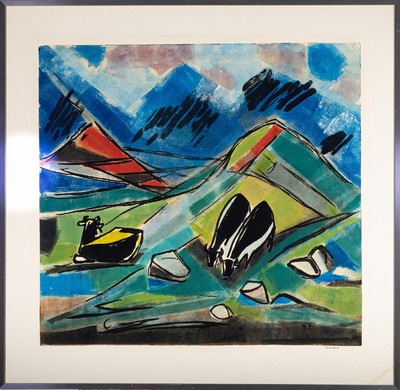 Karl Rödel, 1907 Neu-Isenburg - 1982 Mannheim, Studium an der Akademie Leipzig, Lithographie, Gebirgslandschaft in Kühen, farbintesive Grafik, ...