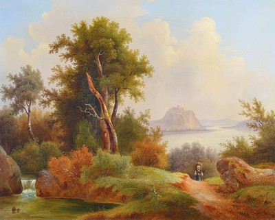 Joseph Jonas, 1805-1863 Wien, Landschaft mit Holzsammlerin, See und Burg auf einer Halbinsel, seitlich links ein Bach in einen Teich mündend, ...
