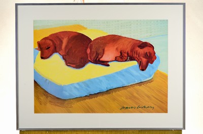 David Hockney, geb. 1937, "Dog Painting 38", Offset-Lithografie nach einem Original von 1995, handsign., Hrsg. Salts Mill, unter Plexiglas ...