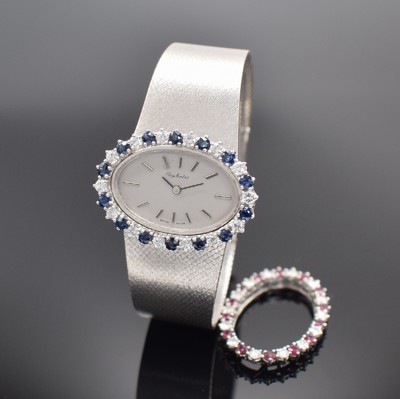CLAY MONTIER Damenarmbanduhr in WG 585/000 an Milanaiseband mit Saphir/Diamant-Lünette & zweiter Rubin/Diamant-Lünette zum wechseln, Schweiz um ...