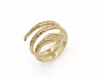 18 kt Gold Diamant-Ring "Schlange", GG 750/000, in sich gewundene Schlange, 23 8/8 -Diamanten zus. ca. 0.20 ct Weiß/si-p, RW 58, ca. 9.4 g