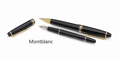 Konvolut 2 Schreibgeräte MONTBLANC Meisterstück, Drehbleistift und Füllfederhalter, Feder 14 kt GG/WG, Breite M, Gebr.-Spuren