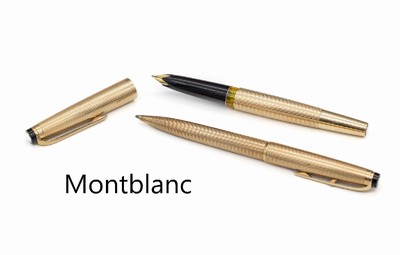 2-teil. MONTBLANC Schreibset, Hüllen GG 585/000, best. aus: Kolbenfüllfederhalter Meisterstück Nr. 92 und Kugelschreiber Nr. 98,mit ...