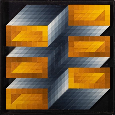 Klaus Wendel, 1935 Wollmesheim-2005, Studium an der Akademie Karlsruhe bei Karl Hubbuch, hier: 3-D Arbeit in Holz und Acryl, rückseitig Bestätigung ...