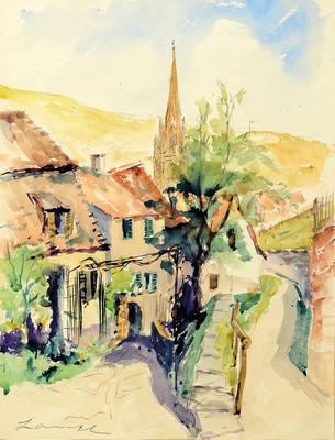 Robert Lauth, 1896-1985 Ludwigshafen am Rhein, 2 Aquarelle auf Papier, 1x Blick auf die Limburg, sign., ca. 30x39cm, PP, u.Gl., R. ca. 45x53cm; 1x ...