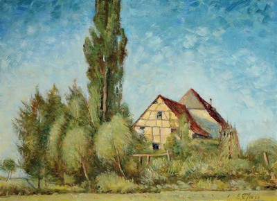 Ernst Pfau, 1879 Bad Wimpfen-1965 Bad Dürkheim, Bauernhof hinter Bäumen, Öl/ Hartfaser, rechts unten signiert, ca. 55x75cm, R. ca. 65x85cm