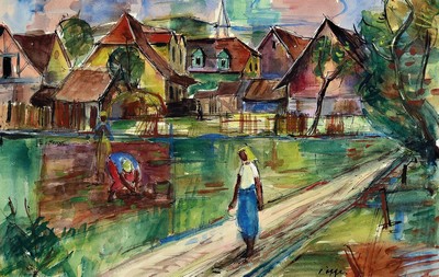 Paul Löffler, 193-1995 Mannheim, Frauen arbeiten auf dem Feld, im Hintergrund die Ortschaft, Gouache auf Papier, rechts unten signiert, ca. 38x75cm, ...