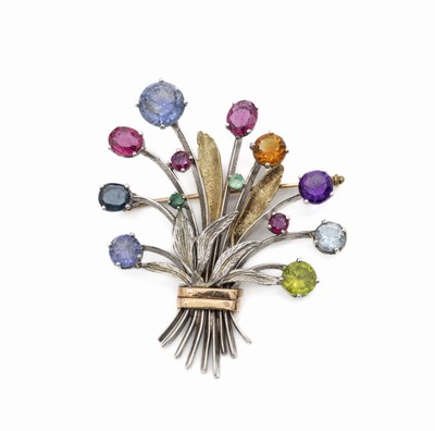 14 kt Gold Farbstein-Brosche, GG/WG/RoseG 585/000, stil. Blumenstrauß, 13 Farbsteine, u.a. Amethyst, Peridot, Citrin, Aquamarin, Saphir und ...