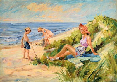 Christian Talge Aalbye, geb. 1898 Dänemark, Mutter mit Kindern am Strand, ÖL/Lwd, rechts unten sign. ca. 70x100cm, R. ca. 80x110cm