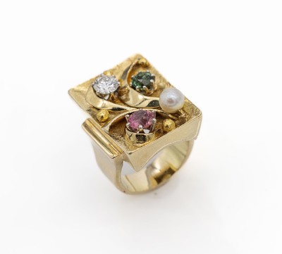 14 kt Gold Garten-Ring, GG 585/000, 2 rundfacett. Turmaline (rose und grün) zus. ca.1.20 ct, kl. Zuchtperle, 1 Brillant ca. 0.50 ct feines ...