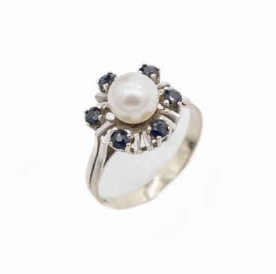 14 kt Gold Perl-Saphir-Ring, WG 585/000, mittig Zuchtperle, D. ca. 6.4 mm, 6 kleine rundfacett. Saphire, RW 49