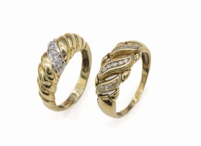 Konvolut 2 14 kt Gold Diamant-Ringe, GG 585/000, 1 x mit 6 in WG gefassten 8/8- Diamanten zus. ca. 0.08 ct Weiß/si, RW 60, und 1 x mit 7 ...