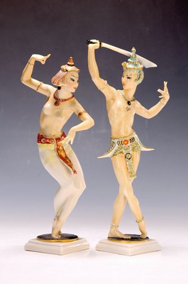 2 Porzellanfiguren, Hutschenreuther, 1950er Jahre, Balinesischer Säbeltänzer und Tänzerin, bunt bemalt, signiert C. Werner, H. ca. 31/28.5cm