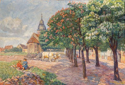 Heinrich Strieffler, 1872 Neustadt-1949 Landau, Lithographen-Lehre, Studium an der Akademie München, Ansicht von Queichheim bei Landau, Blick ...