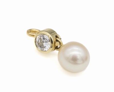 14 kt Gold Brillant-Perl-Clipanhänger, GG 585/000, einzelner Brillant ca. 0.54 ct feines Weiß/si, bewegl. abgehängte Zuchtperle,D. ca. 8.4 mm, ...