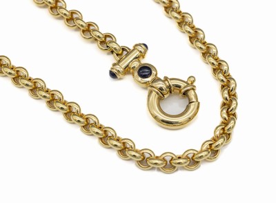 14 kt Gold Saphir-Collier, GG 585/000, Erbskette, gr. Federring-Schmuckschließe mit 4Saphir-Cabochons zus. ca. 2.00 ct, L. ca. 45 cm, ca. 40.4 g, ...